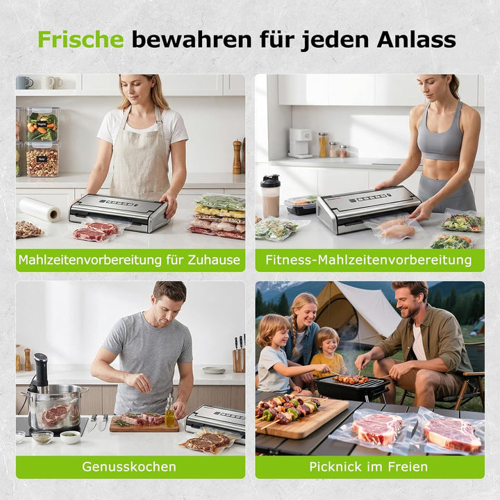 Bonsenkitchen Vakuumiergerät, 5mm Breitversiegelung auslaufsicher, Edelstahl, Einhand & Pulse Trocke
