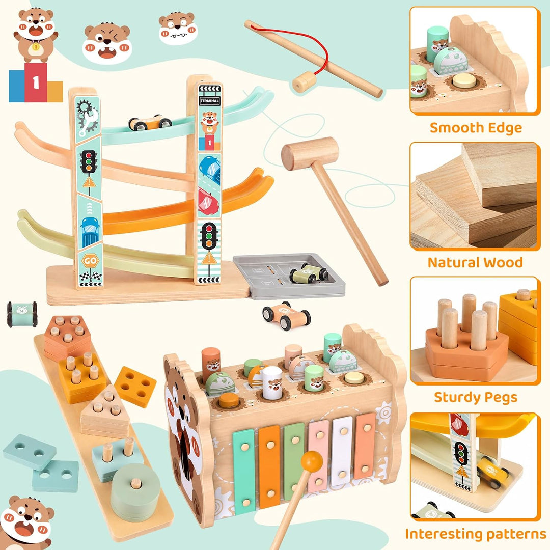 Holz Montessori Spielzeug für Kleinkinder 1-3 Jahre, Baby Hammerbank mit Xylophon &amp; Angelspiel, Auto