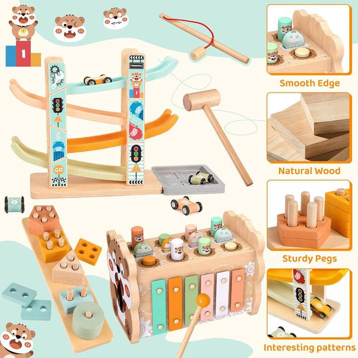 Holz Montessori Spielzeug für Kleinkinder 1-3 Jahre, Baby Hammerbank mit Xylophon &amp; Angelspiel, Auto