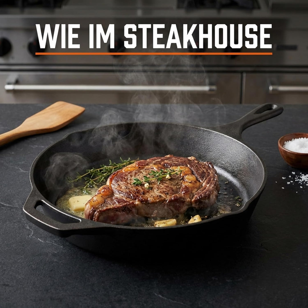Homira Gusseisenpfanne 30 cm Ø – voreingebrannt & sofort einsatzbereit, Induktion geeignet, ofenfest