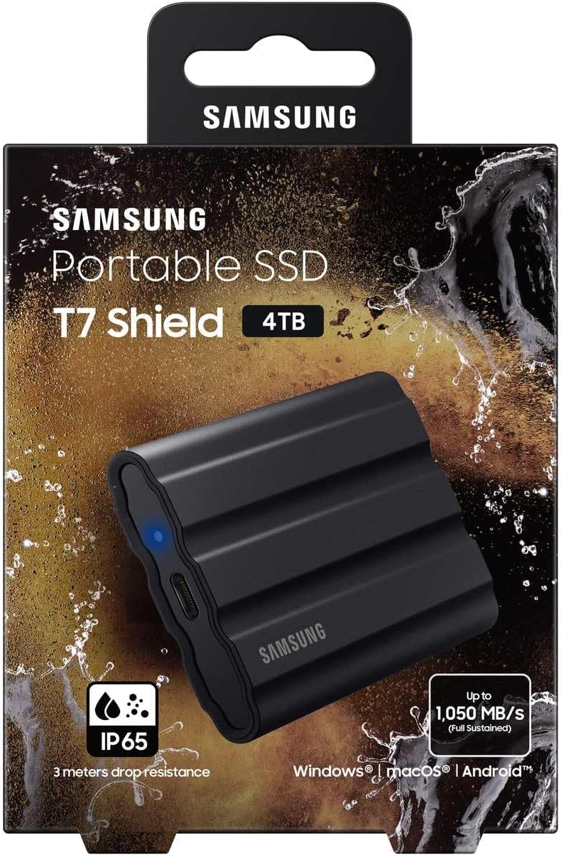 Samsung Portable SSD T7 Shield, 4 TB, USB 3.2 Gen.2, 1.050 MB/s Lesen, 1.000 MB/s Schreiben, Robuste