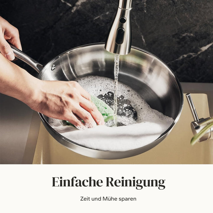 Redchef Bratpfanne 28 cm, Edelstahlpfanne unbeschichtet mit genieteter Griff, Edelstahl, Induktionsg