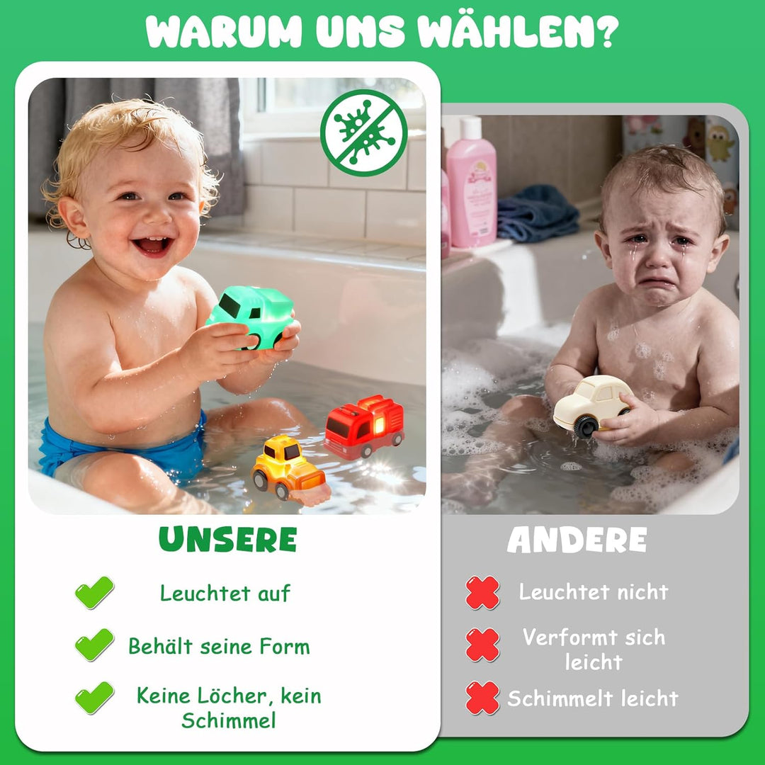 Badewannenspielzeug, 6 Stück Autos Badespielzeug mit Licht, Ohne Löcher Badespielzeug Baby ab 1 2 3