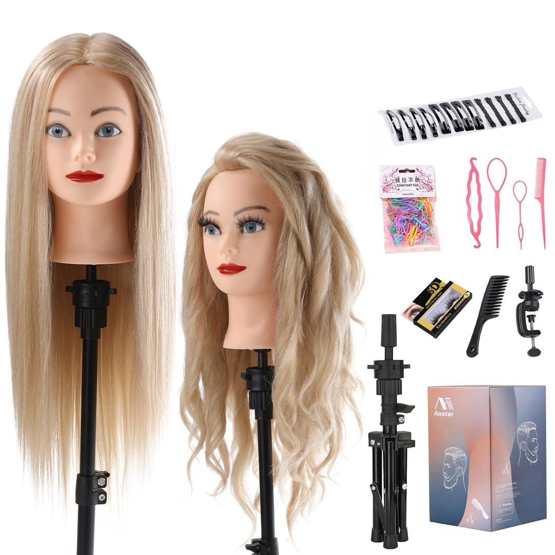 Frisierkopf mit Übungskopf Ständer 70% Echthaar Puppenkopf zum Frisieren Trainingsköpfe für Friseure