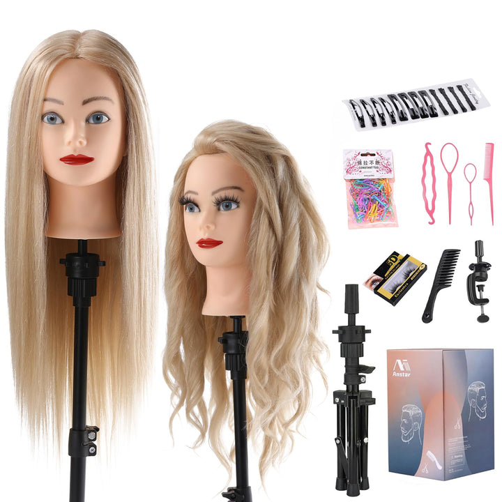 Frisierkopf mit Übungskopf Ständer 70% Echthaar Puppenkopf zum Frisieren Trainingsköpfe für Friseure