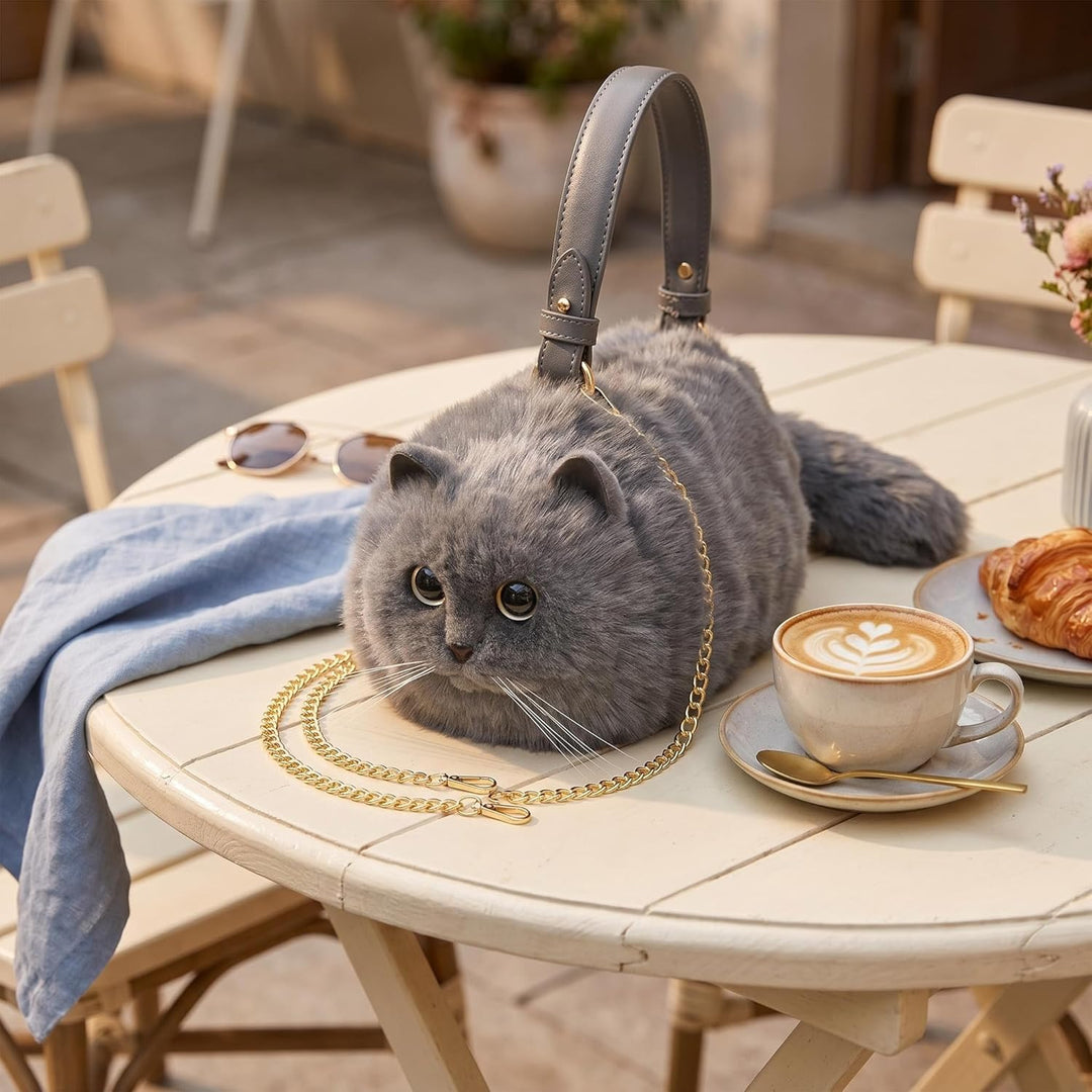 HUIJUFU Realistische Puffy-Plüsch-Katzentasche in Form Einer Umhängetasche für Frauen (Blaue Katze),