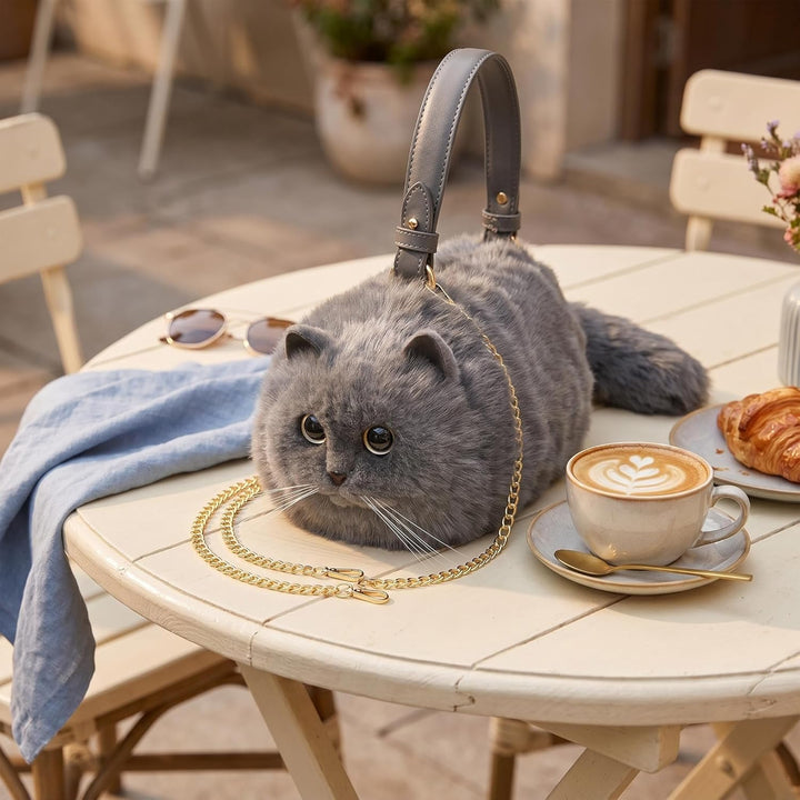 HUIJUFU Realistische Puffy-Plüsch-Katzentasche in Form Einer Umhängetasche für Frauen (Blaue Katze),