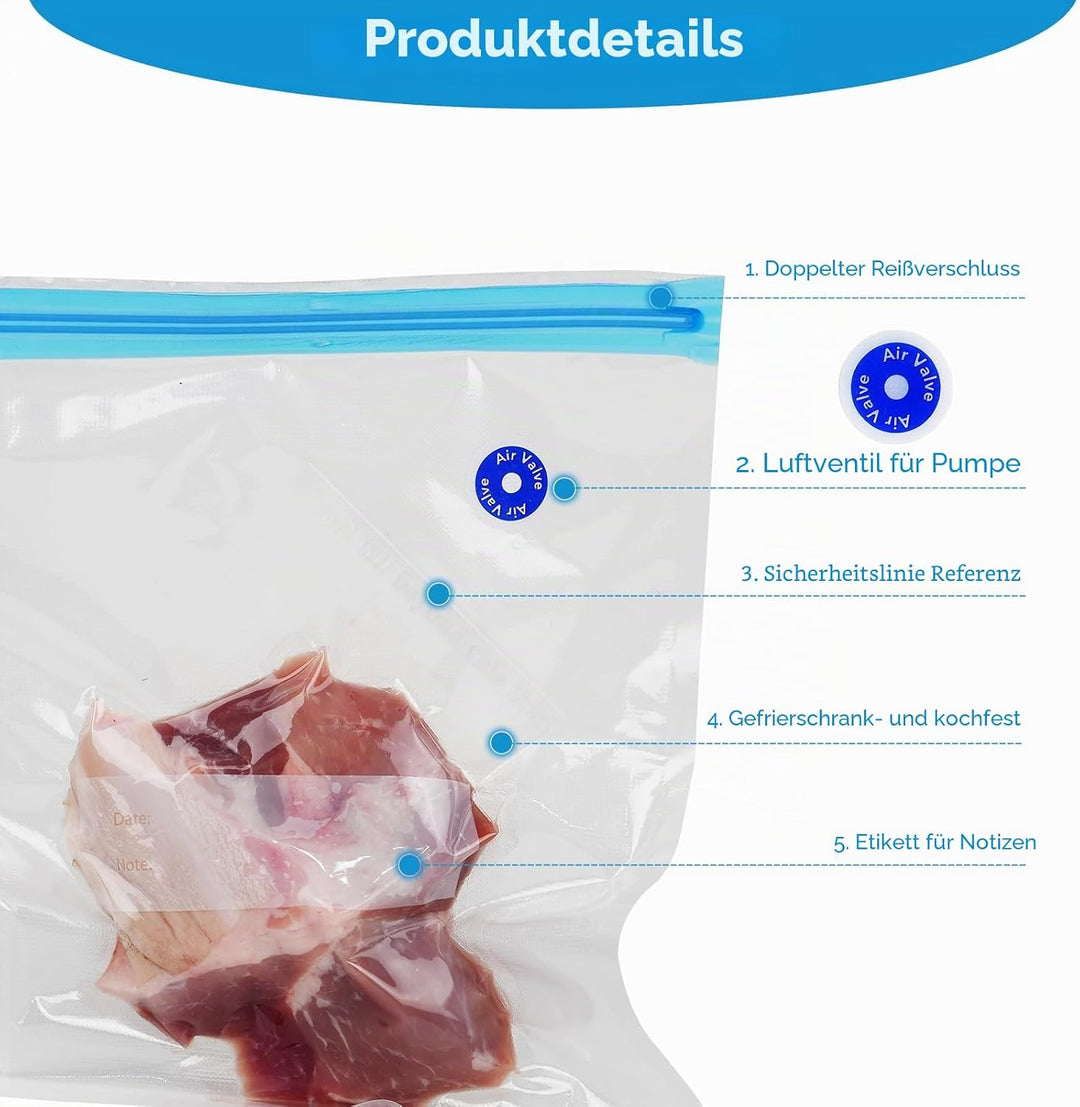 O2frepak 15 wiederverwendbare BPA-freie Sous Vide Vakuumierbeutel in verschiedenen Grössen, passend