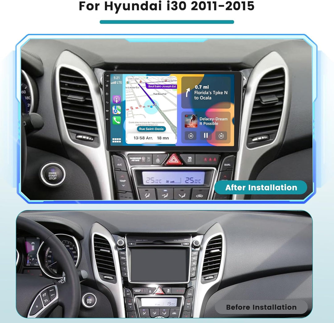Hikity 2+64G Autoradio Navi Für Hyundai i30 2011-2015 mit Wireless Carplay Android Auto Mirror Link,