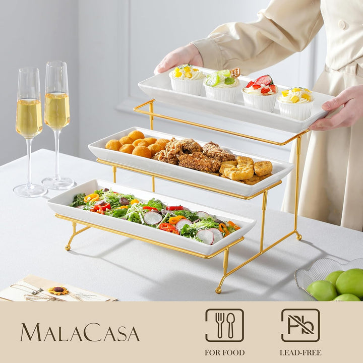 MALACASA Etagere 3 Etagen, 36x15.3cm Servierplatte Porzellan, Servierplatten mit Zusammenklappbaren