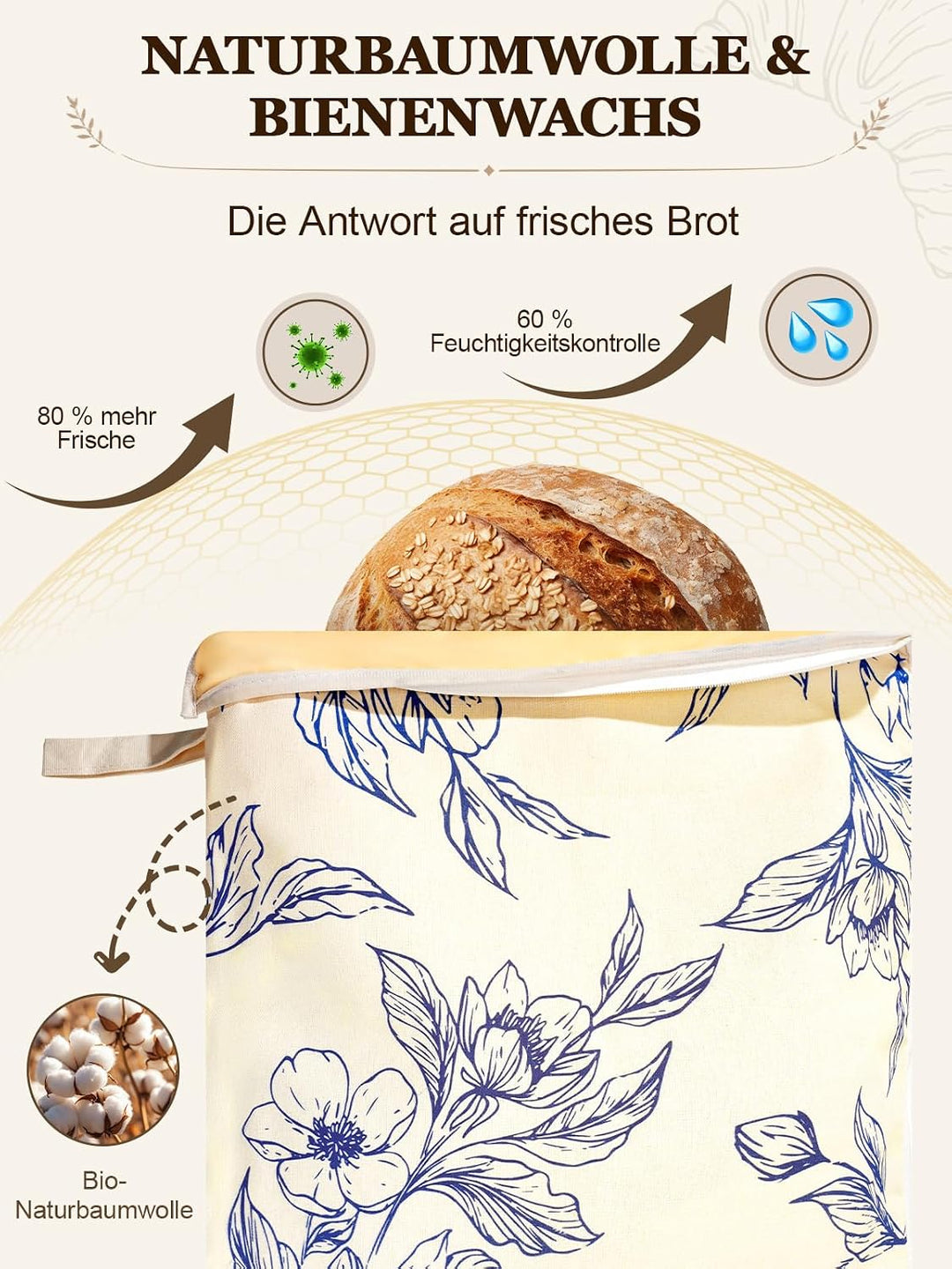 Weenkler Bienenwachs Brotbeutel 2er Set, wiederverwendbar 33x43cm Blau, Blau