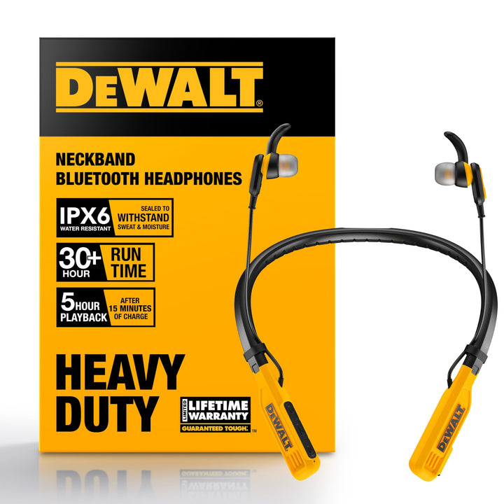 DEWALT Heavy-Duty Bluetooth Neckband Kopfhörer – Kabellose Nackenbügel-Earbuds mit 30Std. Laufzeit,