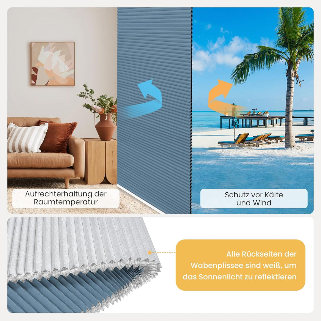 BelleMax Plissee Verdunklung Klemmfix Wabenplissee ohne Bohren Hellblau-Weiss 40x110cm(BxH), Thermo