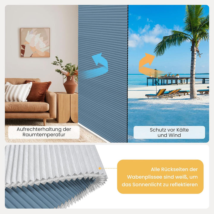 BelleMax Plissee Verdunklung Klemmfix Wabenplissee ohne Bohren Hellblau-Weiss 40x110cm(BxH), Thermo