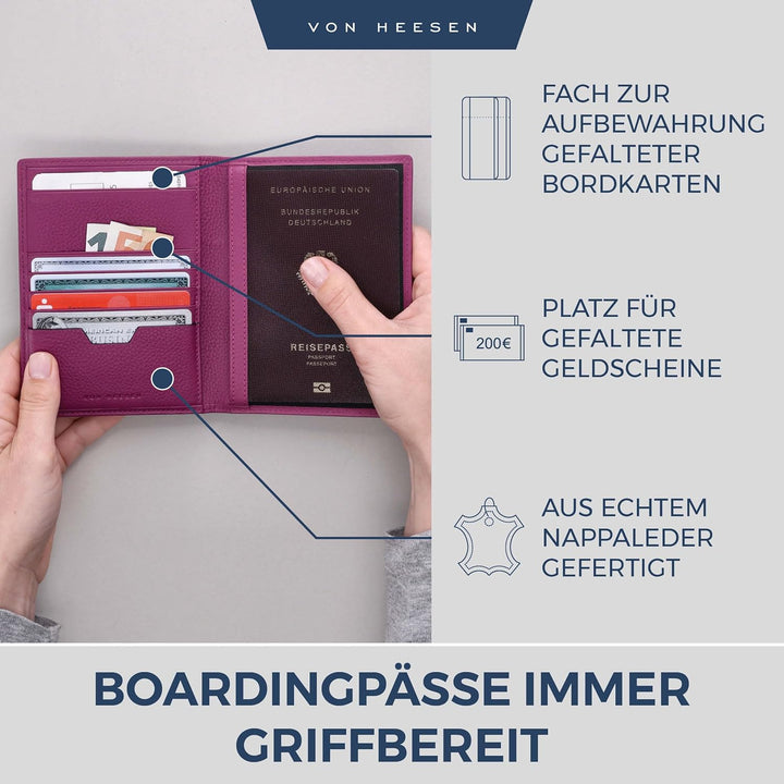 VON HEESEN® Reisepasshülle Leder Etui mit RFID-Schutz - Passhülle Passport Reisepass Mappe Hülle Org
