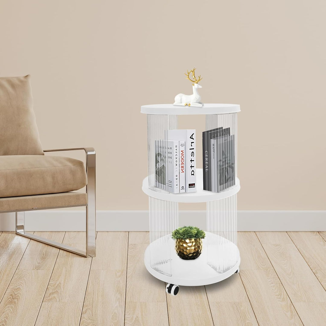 Bücherregal drehbar Klein 40,5x72,5cm Rund 2 Etagen Weiss Klar Freistehend | 4 Rollen mit Bremse ABS