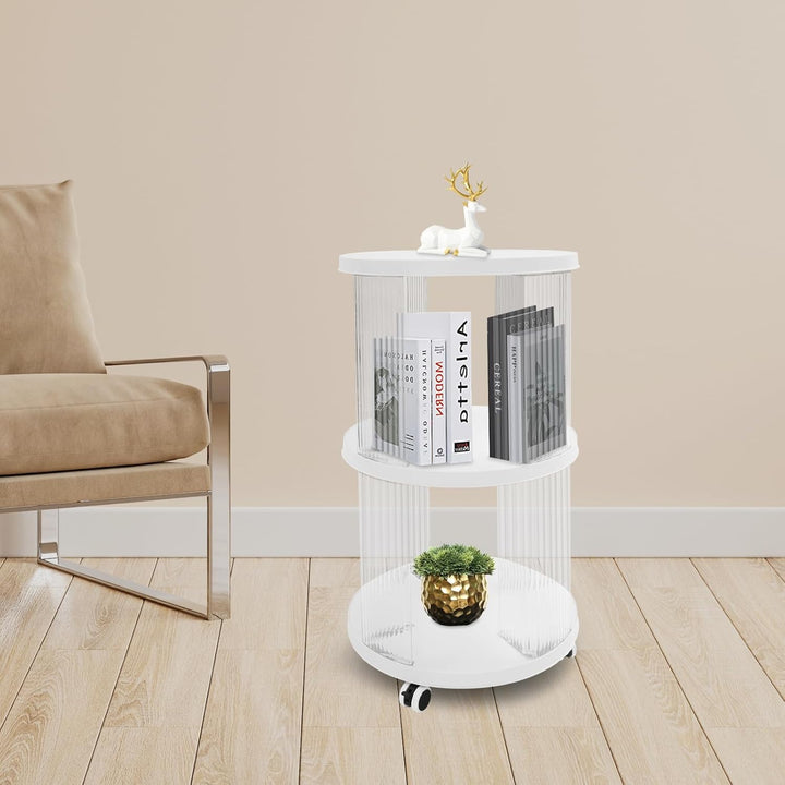 Bücherregal drehbar Klein 40,5x72,5cm Rund 2 Etagen Weiss Klar Freistehend | 4 Rollen mit Bremse ABS