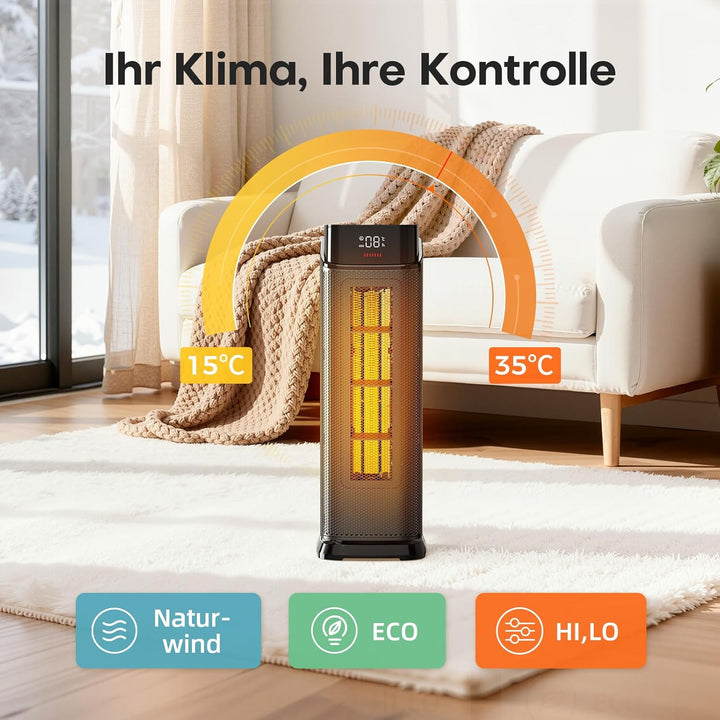 QEXREED Heizlüfter, 2000W PTC Heizlüfter Energiesparend mit 4 Modi, ECO-Energiesparmodus, 90° Oszill
