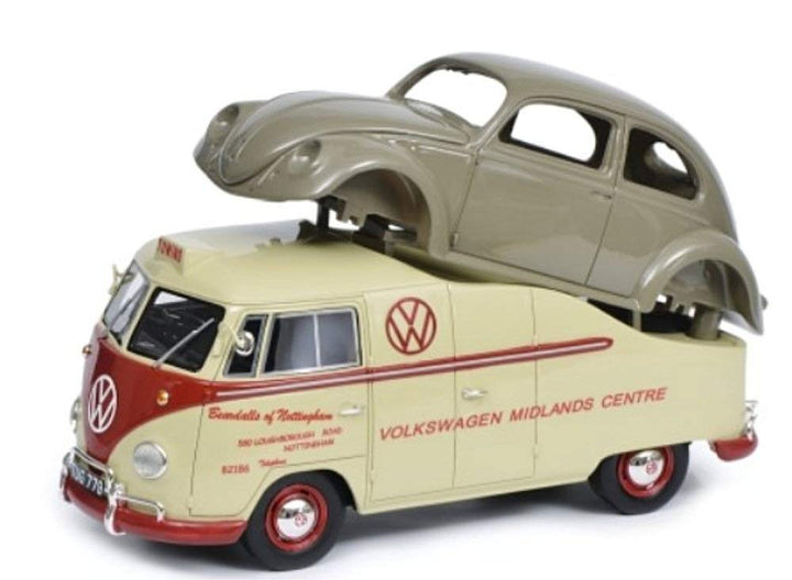 Schuco 450016300 450016300-VW T1a Midlands Centre mit Brezelkäfer Karosserie, Modellauto, Resin, 1:1