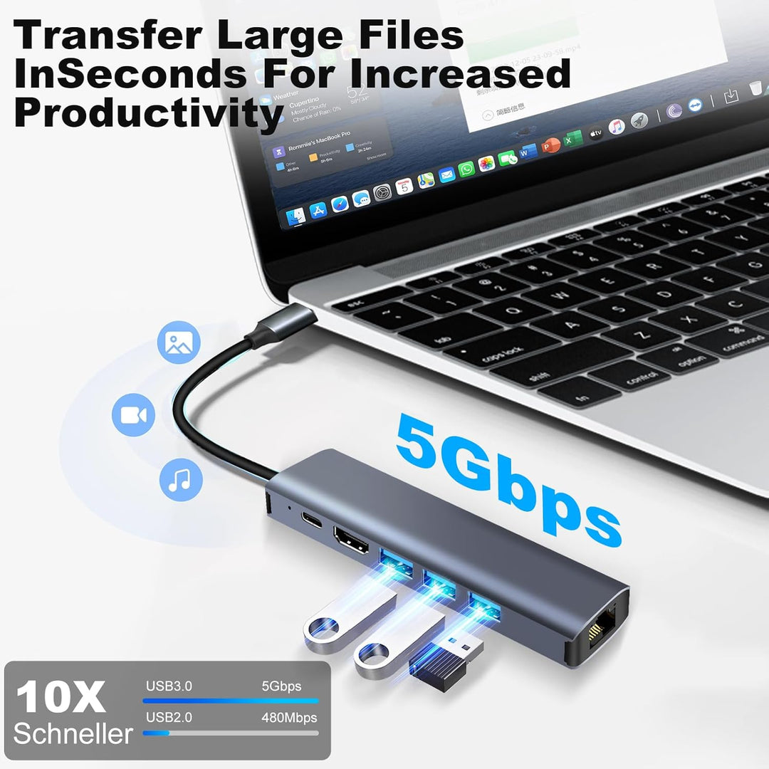 USB C Hub Ethernet 6 in 1, 4K HDMI, LAN RJ45 1000Mbp,PD100W, 3*USB A 3.0 5Gbps Docking Station USBC