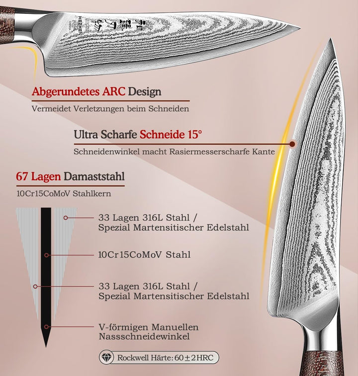 HEZHEN Damaststahl Universal Messer, Hartstahl Allzweckmesser mit Holzmesserscheide, Rasiermessersch