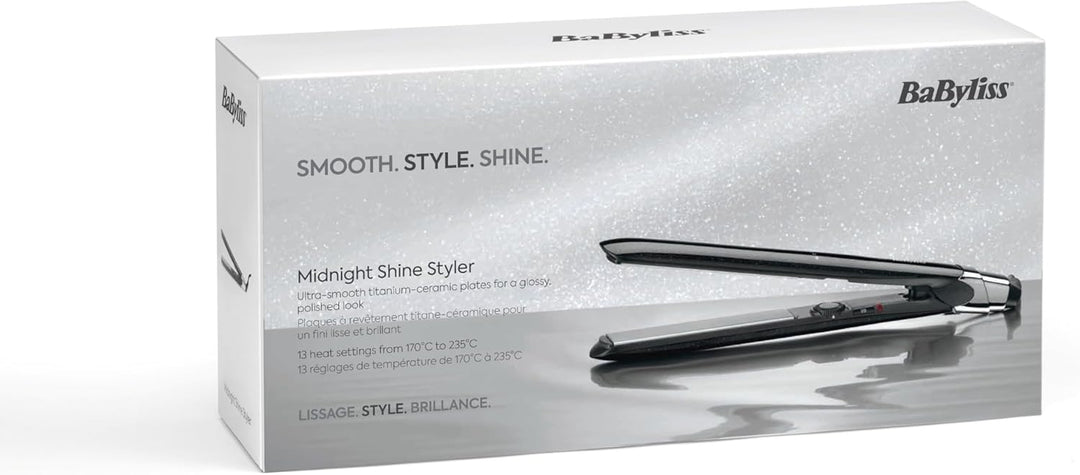 BaByliss Midnight Shine Glätteisen, Haarglätter mit Titan‑Keramikplatten, Extra lange Stylingplatten