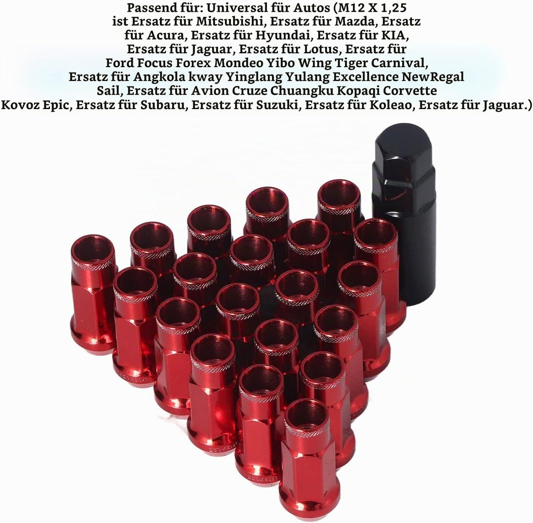 KIMISS Radmuttern, Universal 20 Stück M12x1,25 Metall Radmuttern Universal Autozubehör(Rot), Rot