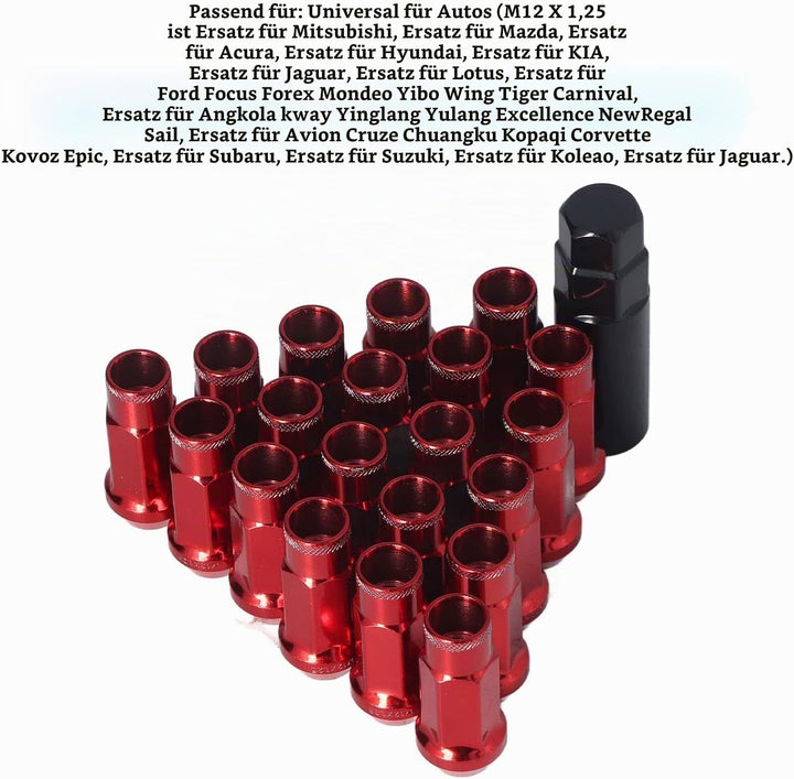 KIMISS Radmuttern, Universal 20 Stück M12x1,25 Metall Radmuttern Universal Autozubehör(Rot), Rot