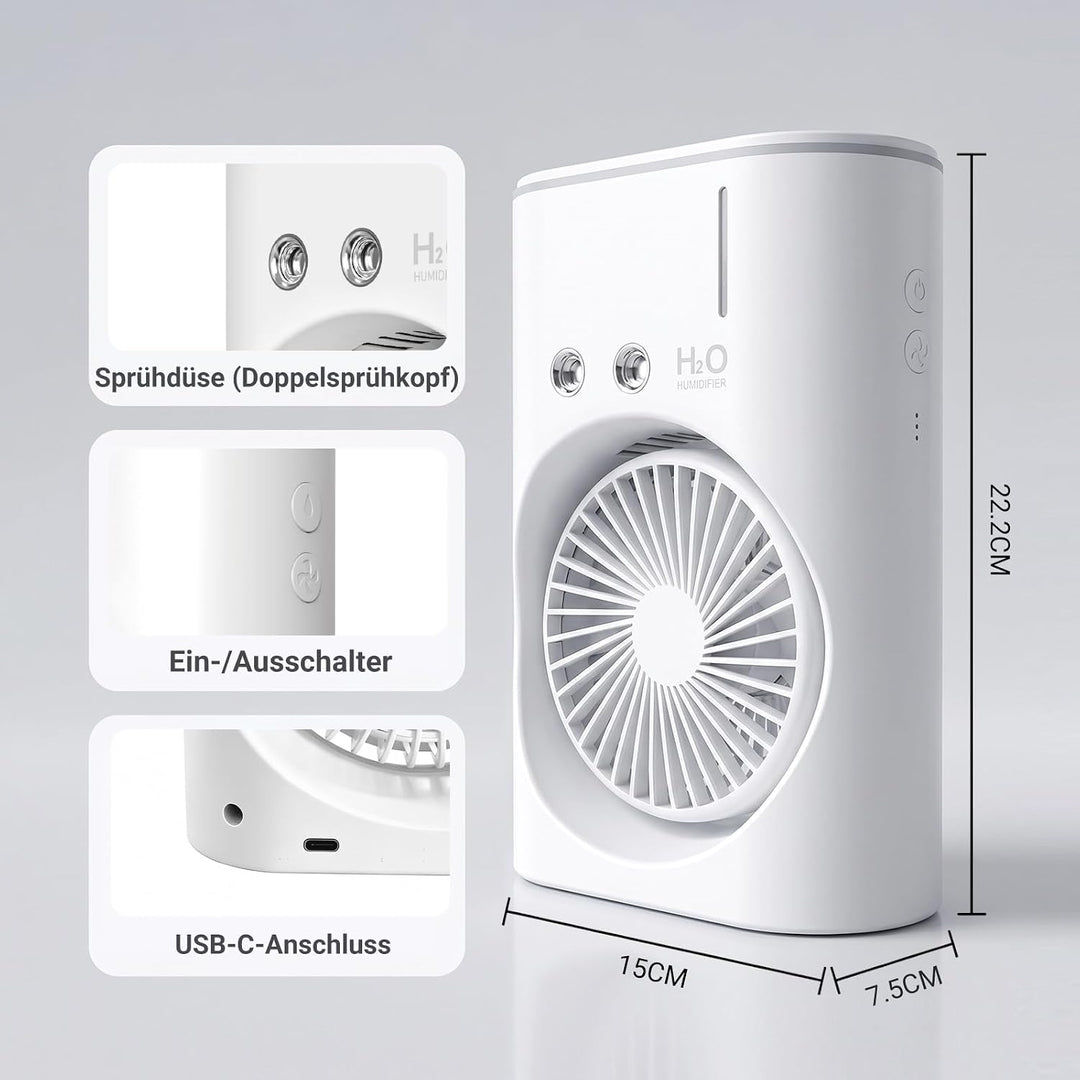 EXTRASTAR Ventilator mit Sprühnebel, USB Akku, 3 Geschwindigkeits- & 2 Sprühstufen, Tischventilator
