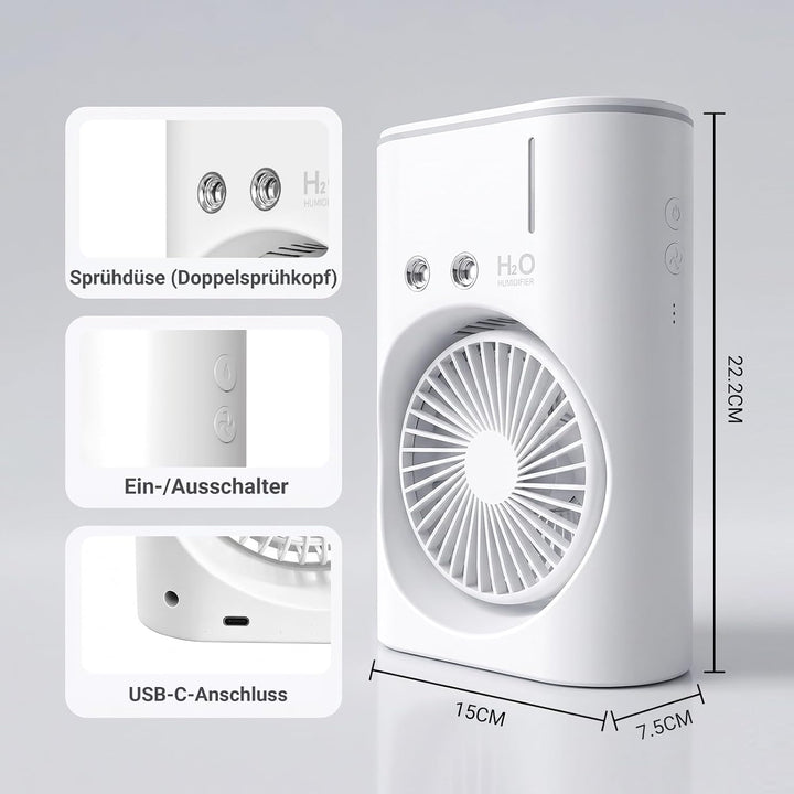 EXTRASTAR Ventilator mit Sprühnebel, USB Akku, 3 Geschwindigkeits- & 2 Sprühstufen, Tischventilator