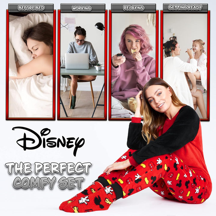 Disney Schlafanzug Damen mit Kuschelsocken Set Charaktere Stitch Geschenke Set M Rot Mickey, M Rot M