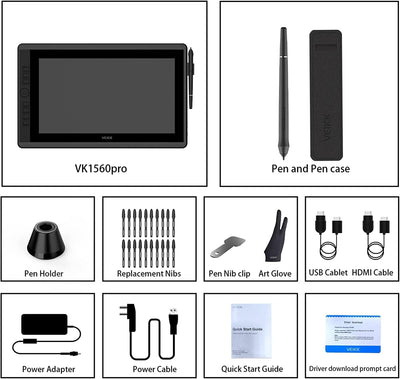 VK1560Pro Grafiktablett mit Display, VEIKK 15,6 Zoll IPS HD Grafikmonitor Zeichentablett mit 8192 Pa