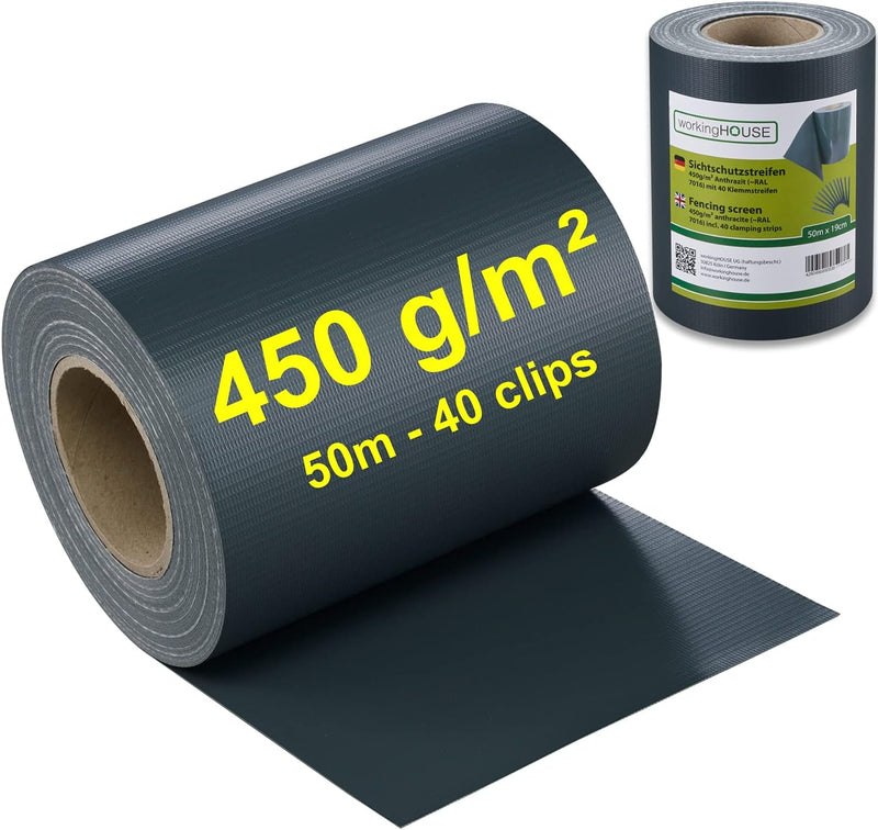 workingHOUSE PVC Sichtschutzstreifen für Doppelstabmattenzaun - 450g/m² 50 m x 19 cm - Zaunsichtschu