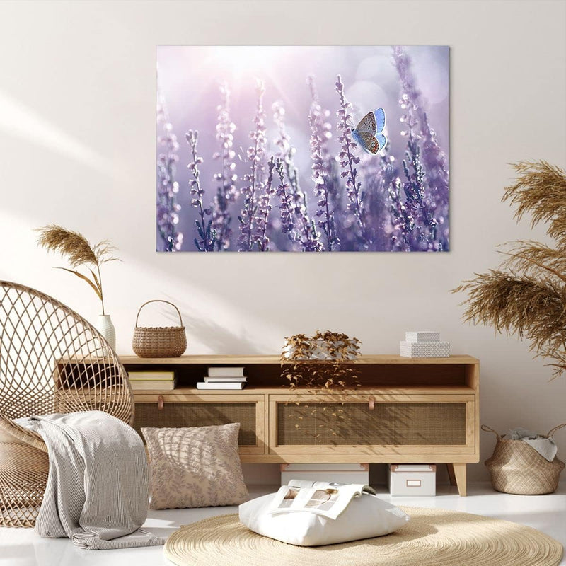 Bilder auf Leinwand 100x70cm Leinwandbild Schmetterling Wiese Blume Gross Wanddeko Bild Schlafzimmer