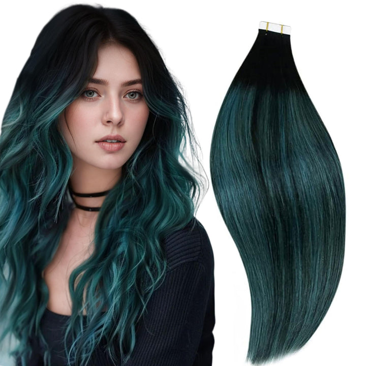 RUNATURE Tape Extensions Echthaar Schwarz Ombre Grün 40cm Teal Balayage Echte Haare Tape in Echthaar