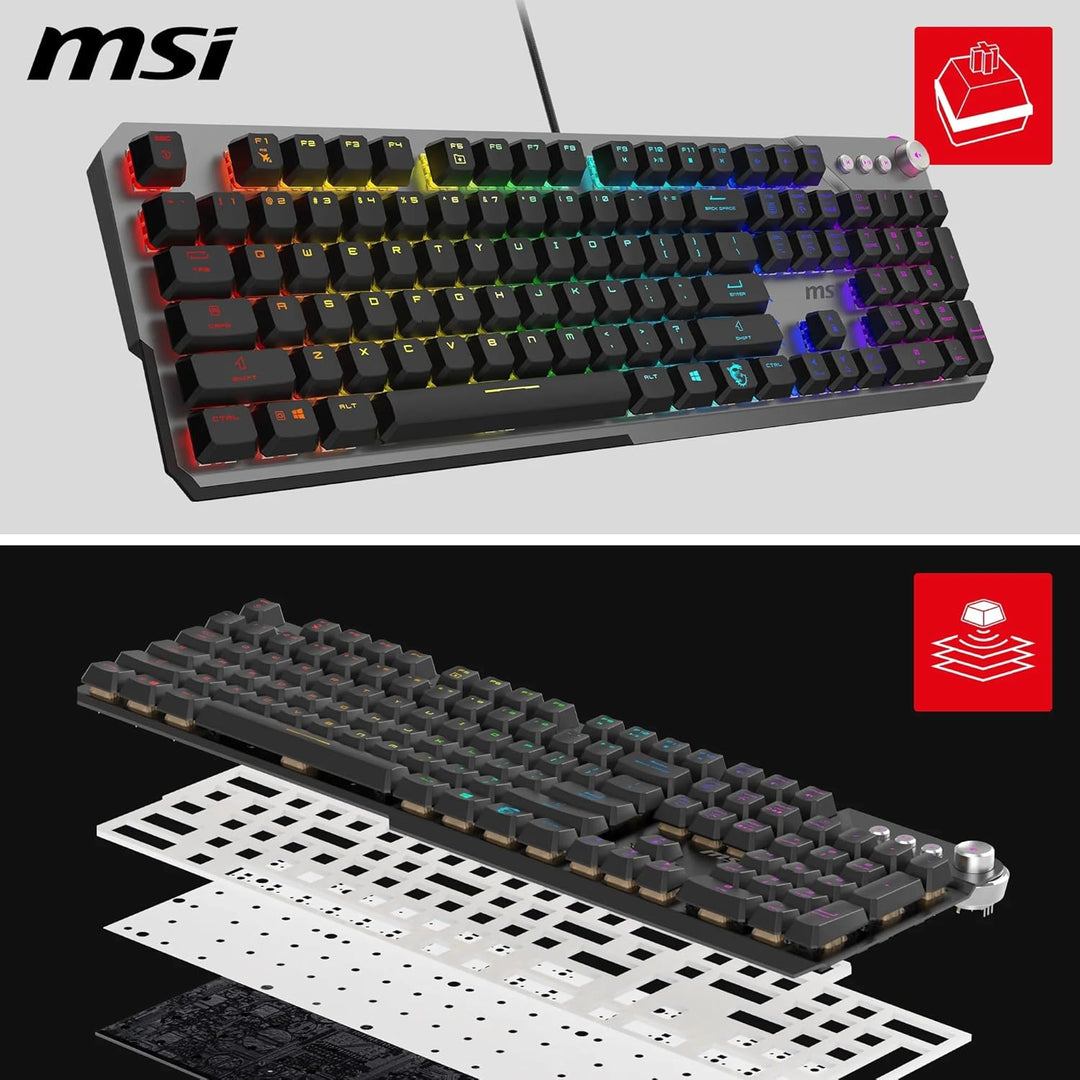 MSI Strike 600 Silent FR Gaming-Tastatur, leise – Kailh Midnight Pro Silent Touch-Schalter, ergonomi