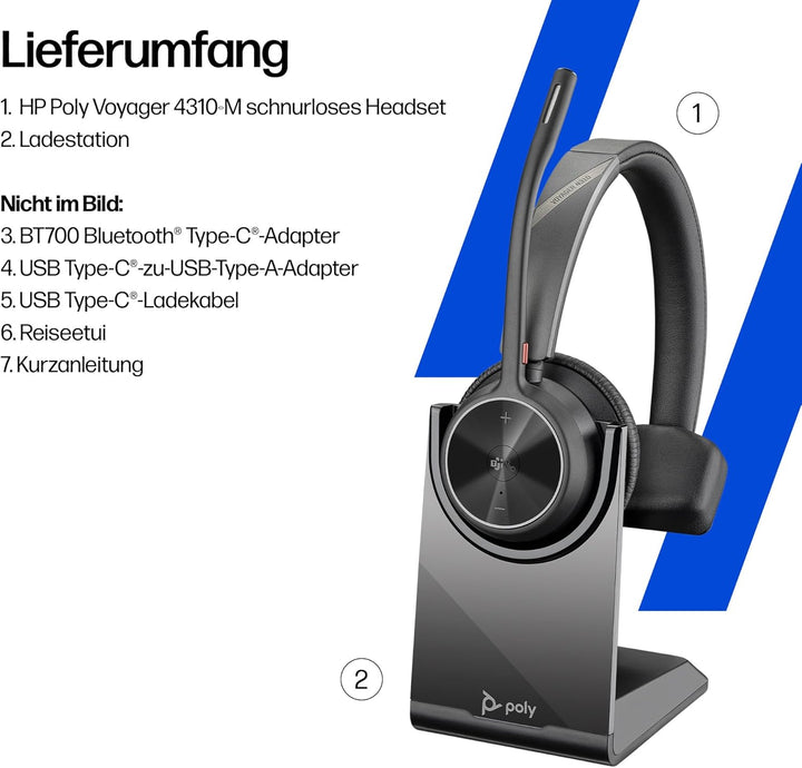 Poly Voyager 4310, schnurloses UC-Headset und Ladestation – Ein-Ohr-Bluetooth-Headset mit Noise Canc