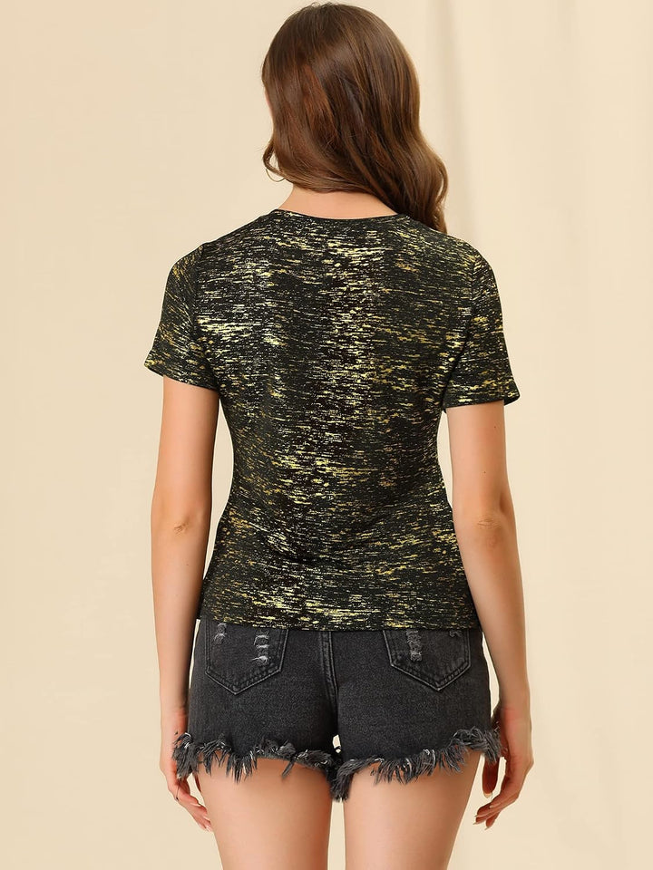 Allegra K Damen Sexy Metallic Party Top Outfit Festival Glitzer Kurzarm Rundhals T-shirt Oberteil Bl