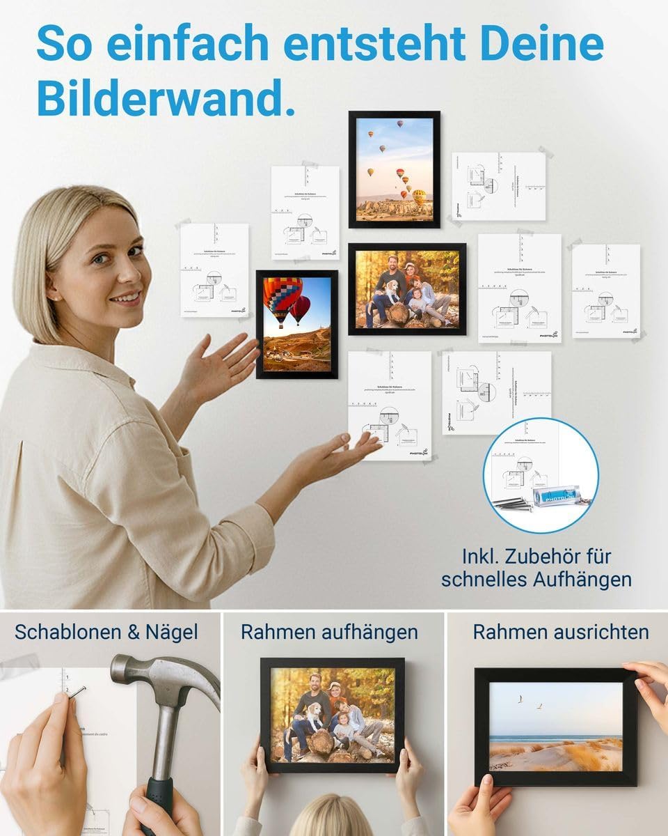 PHOTOLINI Schwarze Bilderrahmen Set verschiedene Grössen, Bilderrahmen Collage 10 Rahmen, Bilderrahm