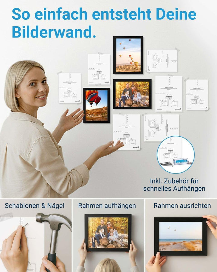 PHOTOLINI Schwarze Bilderrahmen Set verschiedene Grössen, Bilderrahmen Collage 10 Rahmen, Bilderrahm