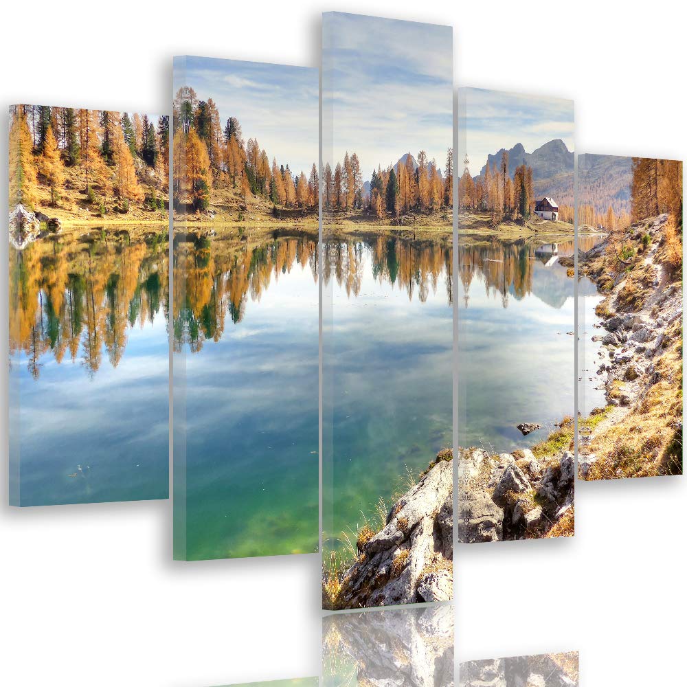 Bilder Landschaft 200x100 cm - Leinwandbild 5 Teilig XXL Kunstdruck See Wald braun Leinwandbild XXL