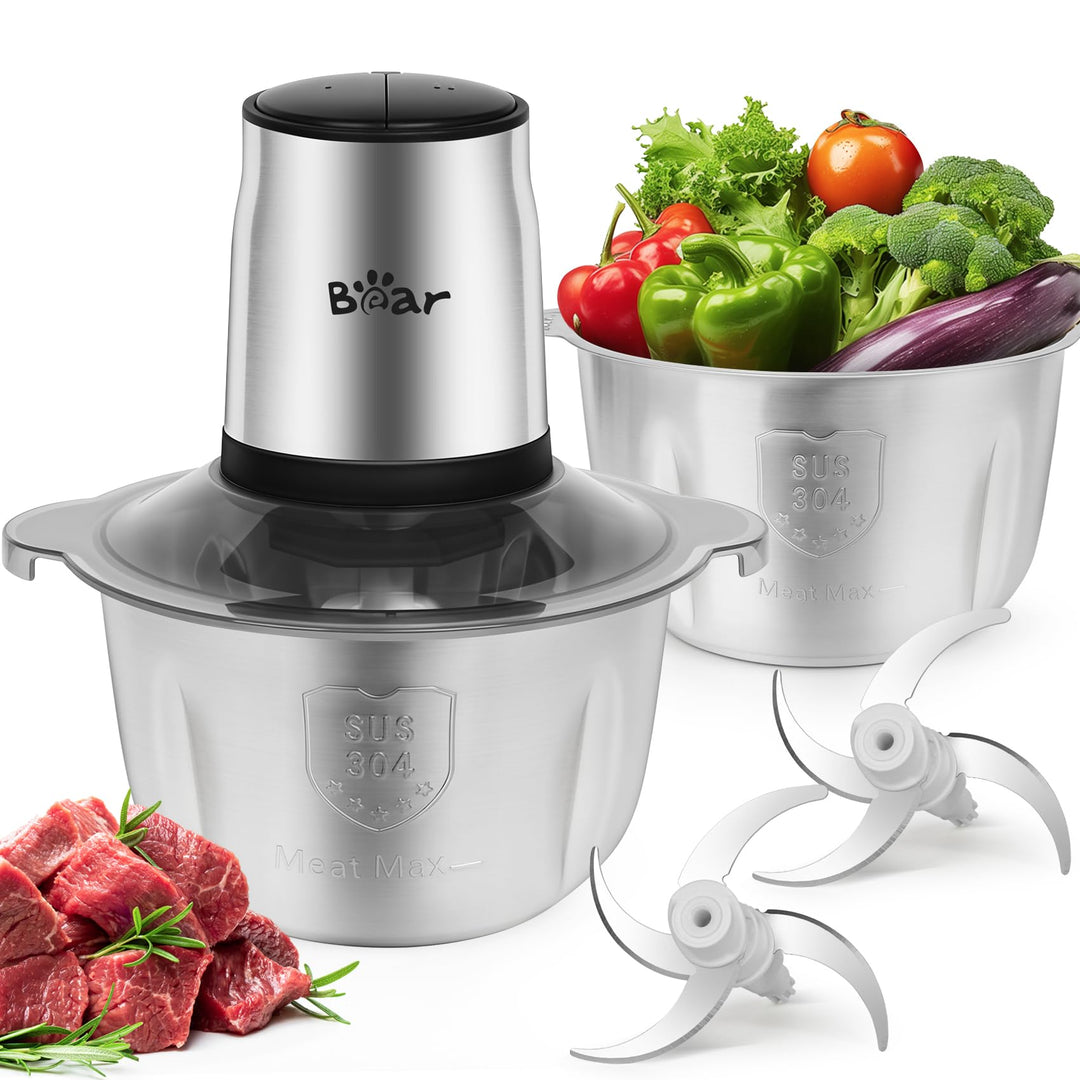 Bear 1.8L+1.8L Zerkleinerer Elektrisch Mini, 500W 2 Geschwindigkeitsstufen, Häcksler mit 4-Edelstahl