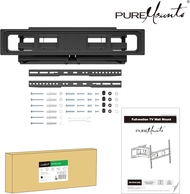 PureMounts TV Wandhalterung, neigbare und schwenkbare Universal Halterung für 32-70 Zoll Flach & Cur