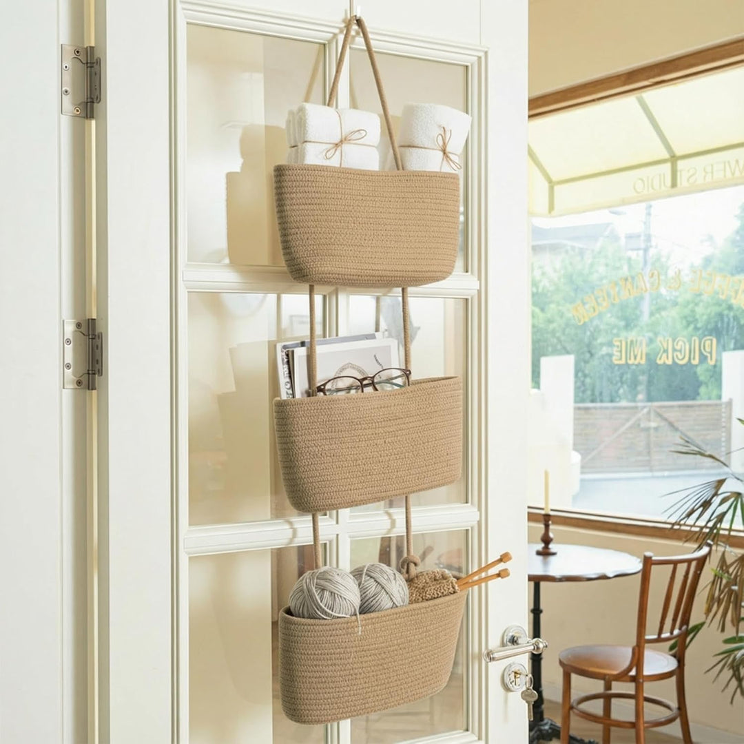 danpinera Aufbewahrungskörbe, 3-stöckige Baumwollseilkörbe mit Knopfriemen über der Tür, Wandorganiz