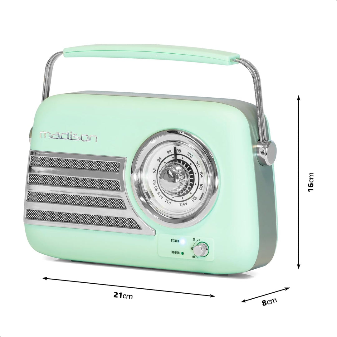 Madison - FREESOUND-VR40GR-MAT - 30W Vintage-Radio mit langem Akku - Bluetooth, USB & FM - Blassgrün