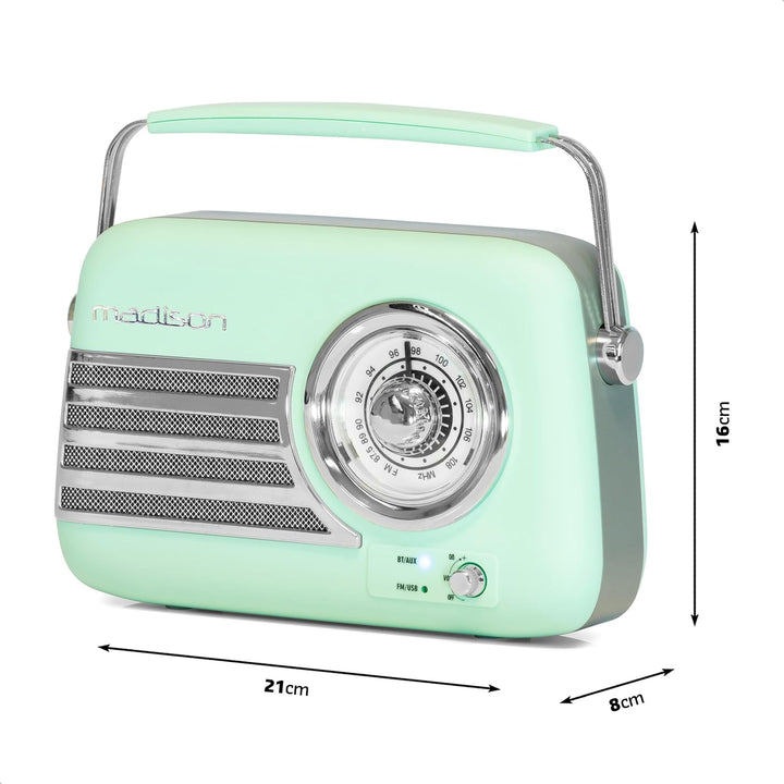 Madison - FREESOUND-VR40GR-MAT - 30W Vintage-Radio mit langem Akku - Bluetooth, USB & FM - Blassgrün