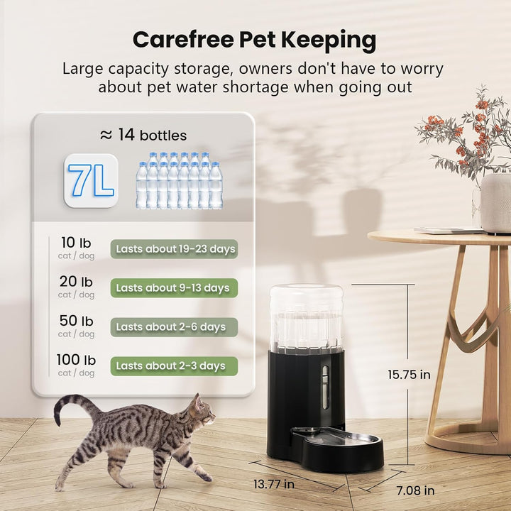 Automatischer 7-Liter-Filter für Hunde und Katzen, Wasserspender mit Edelstahlnapf, Schwerkraft-Bewä