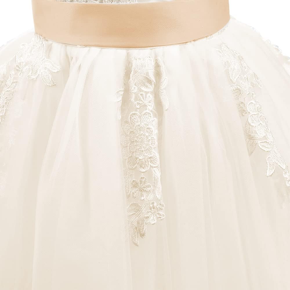 PLWEDDING Spitze V zurück Tüll Blumenmädchen Kleid Junior Mädchen Brautjungfer Hochzeit Partykleider