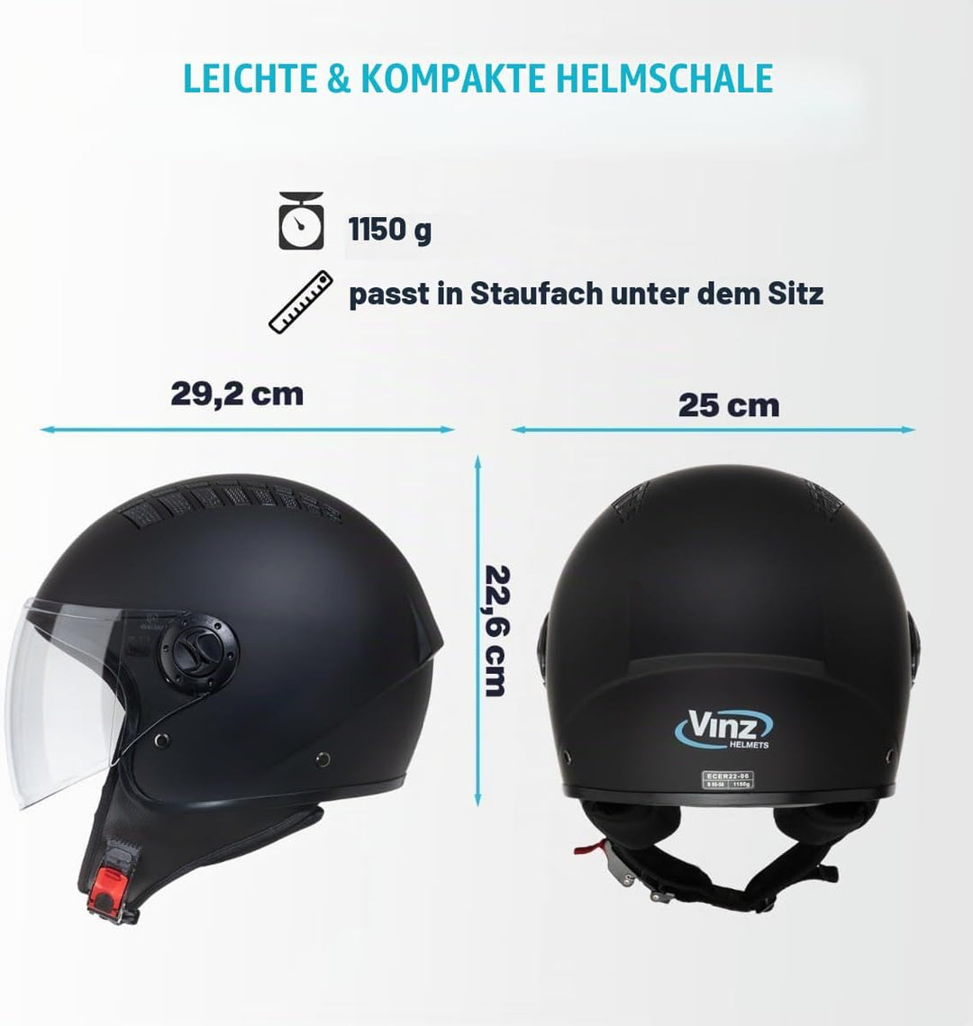 VINZ Como Jethelm mit Visier Herren und Damen | in Gr. XS-XL | Roller Helm Jet Helm Mopedhelm | ECE