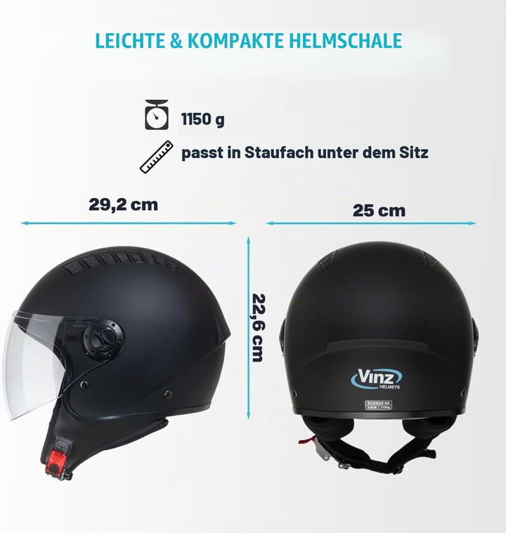 VINZ Como Jethelm mit Visier Herren und Damen | in Gr. XS-XL | Roller Helm Jet Helm Mopedhelm | ECE